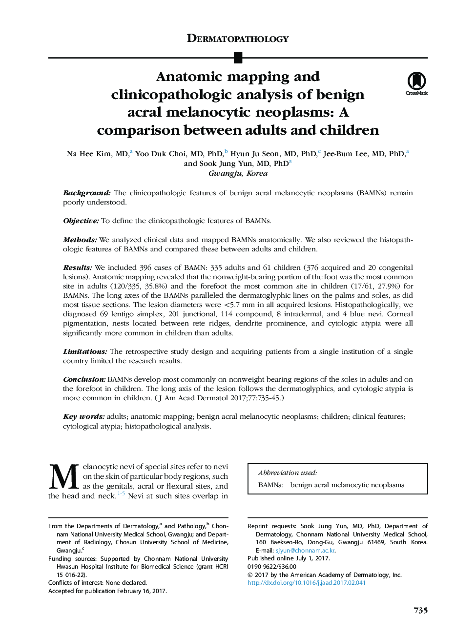 Anatomic mapping and clinicopathologic analysis of benign acral melanocytic neoplasms: A comparison between adults and children