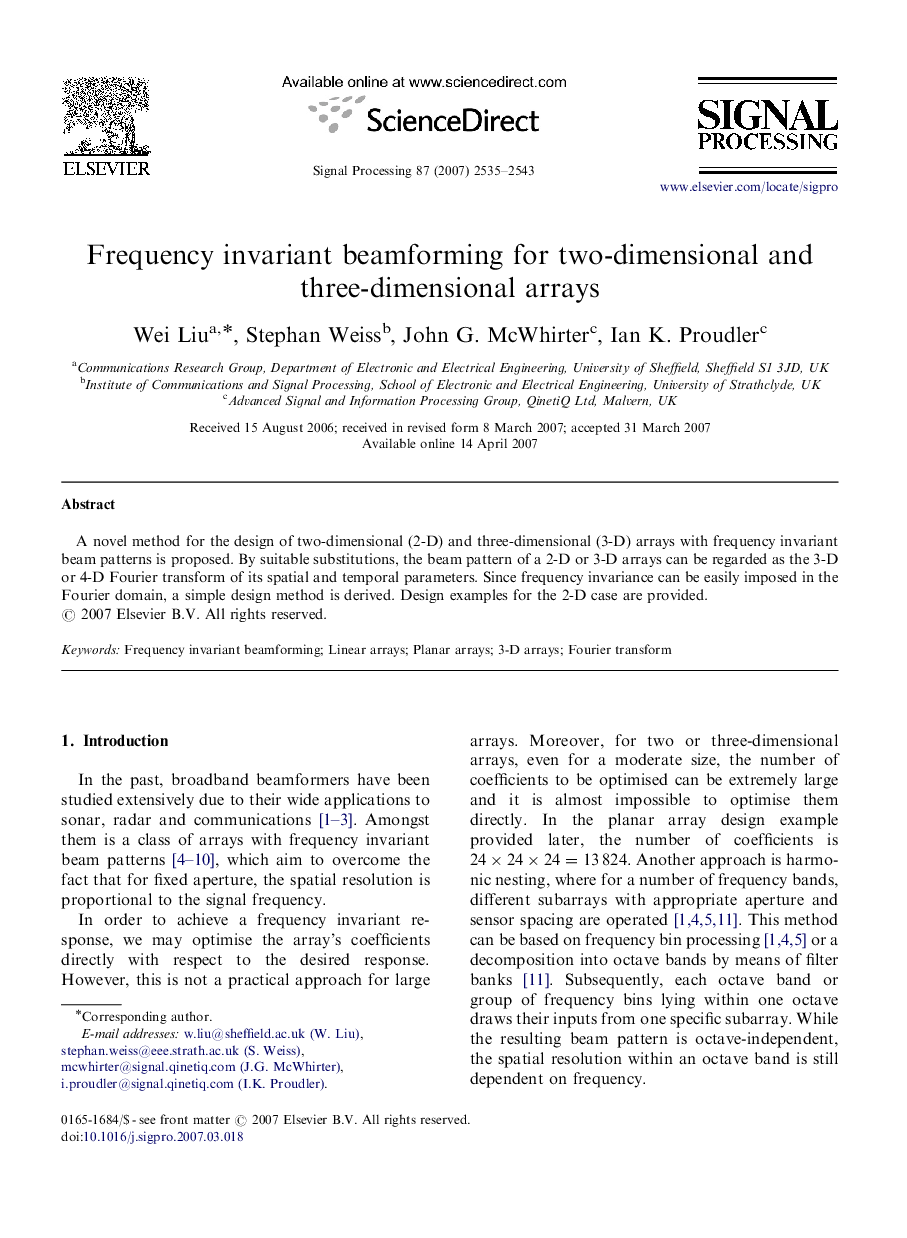 Frequency invariant beamforming for two-dimensional and three-dimensional arrays