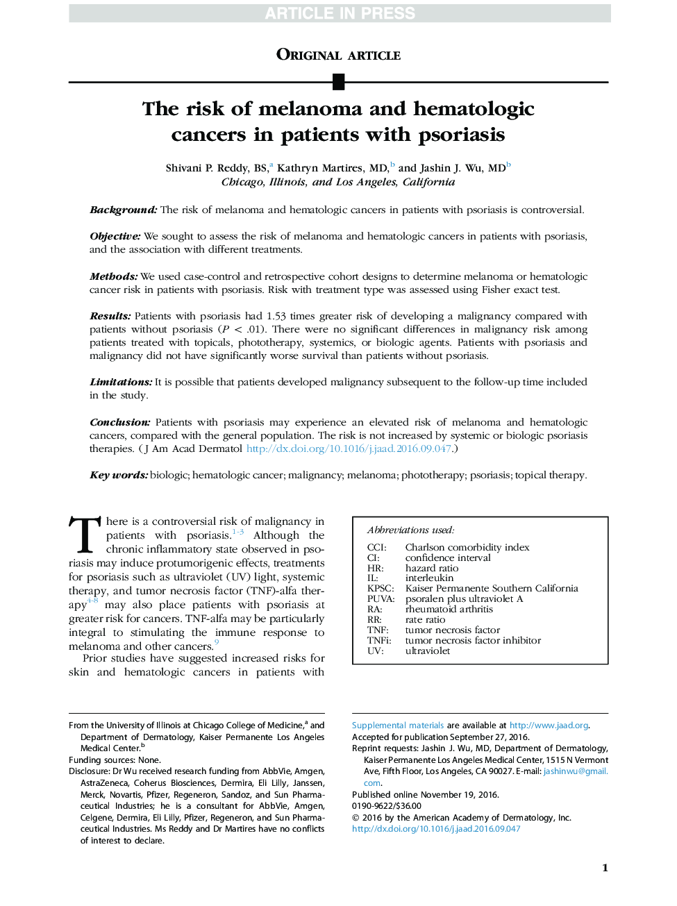 The risk of melanoma and hematologic cancers in patients with psoriasis