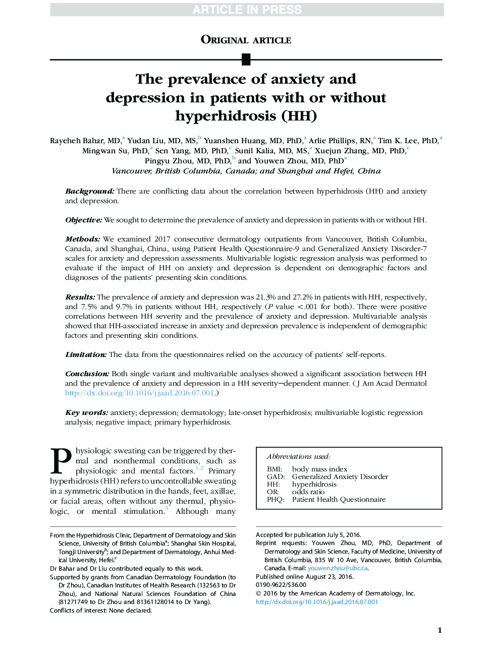 The prevalence of anxiety and depression in patients with or without hyperhidrosis (HH)