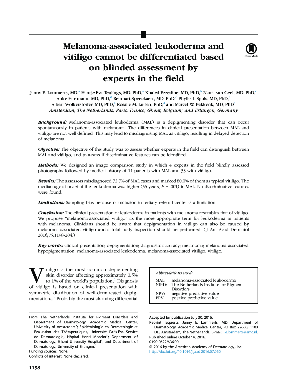 Melanoma-associated leukoderma and vitiligo cannot be differentiated based on blinded assessment by experts in the field