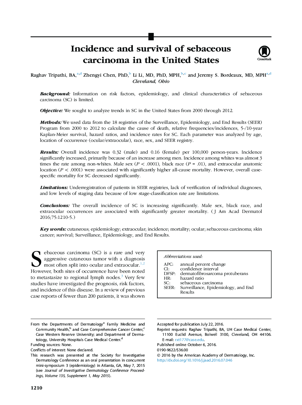 بروز و بقا کارسینومای سباسه در ایالات متحده 
