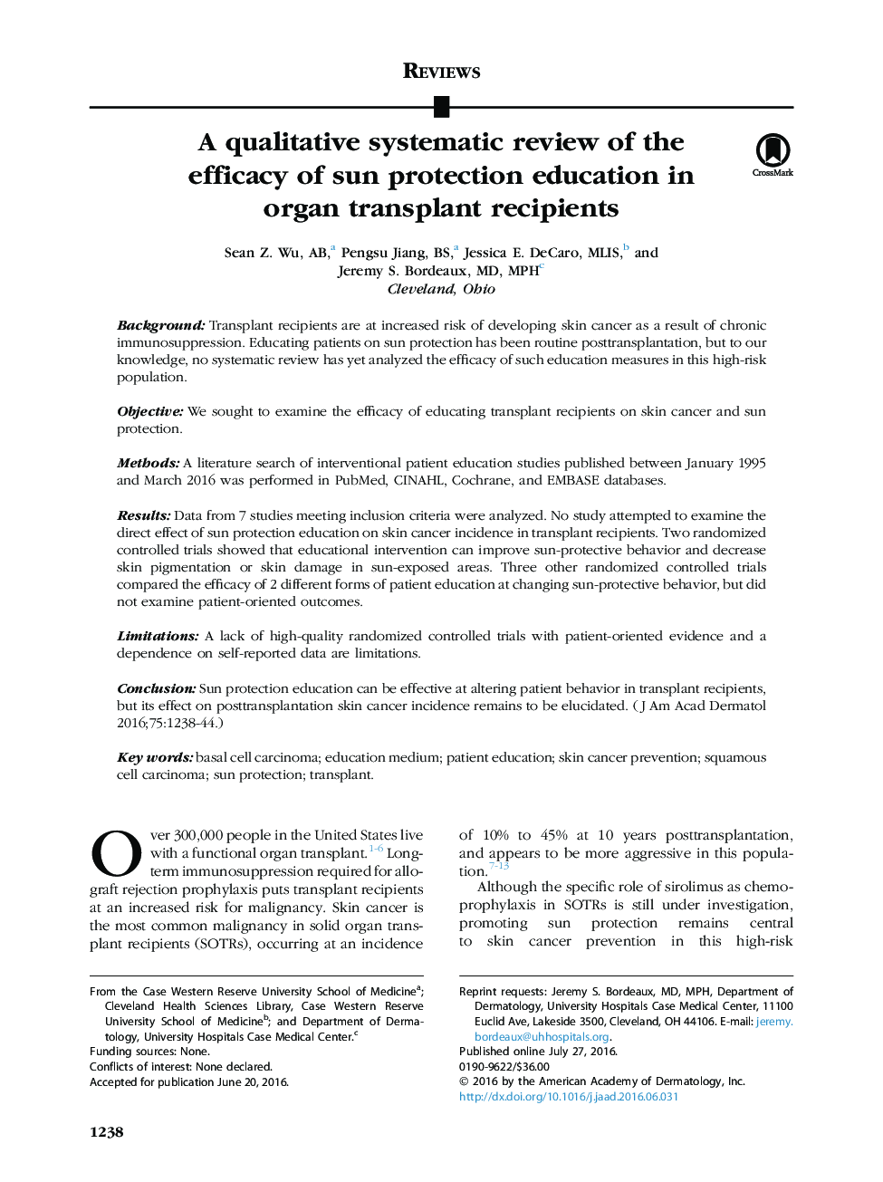 A qualitative systematic review of the efficacy of sun protection education in organ transplant recipients