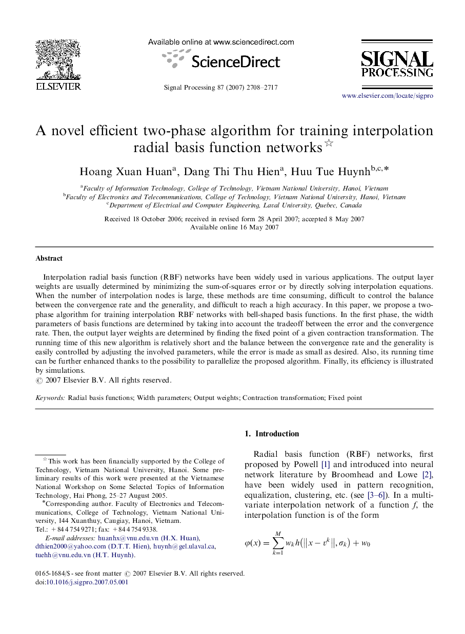 A novel efficient two-phase algorithm for training interpolation radial basis function networks 