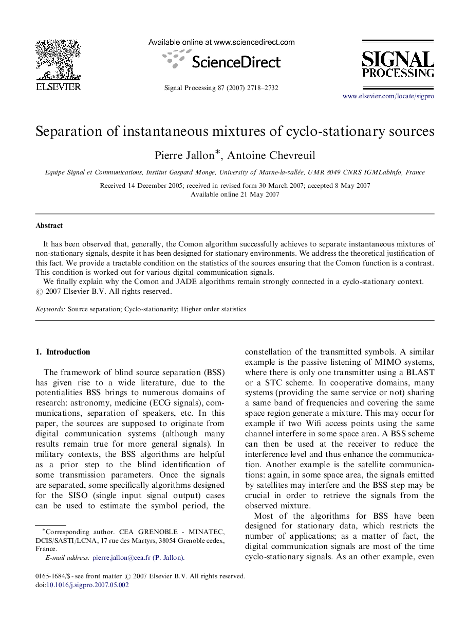 Separation of instantaneous mixtures of cyclo-stationary sources