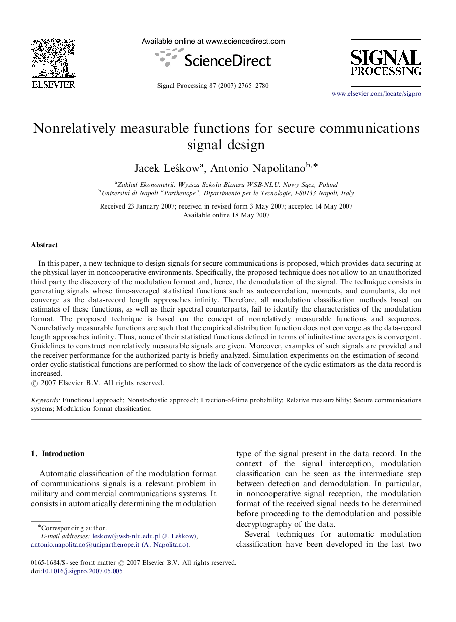 Nonrelatively measurable functions for secure communications signal design