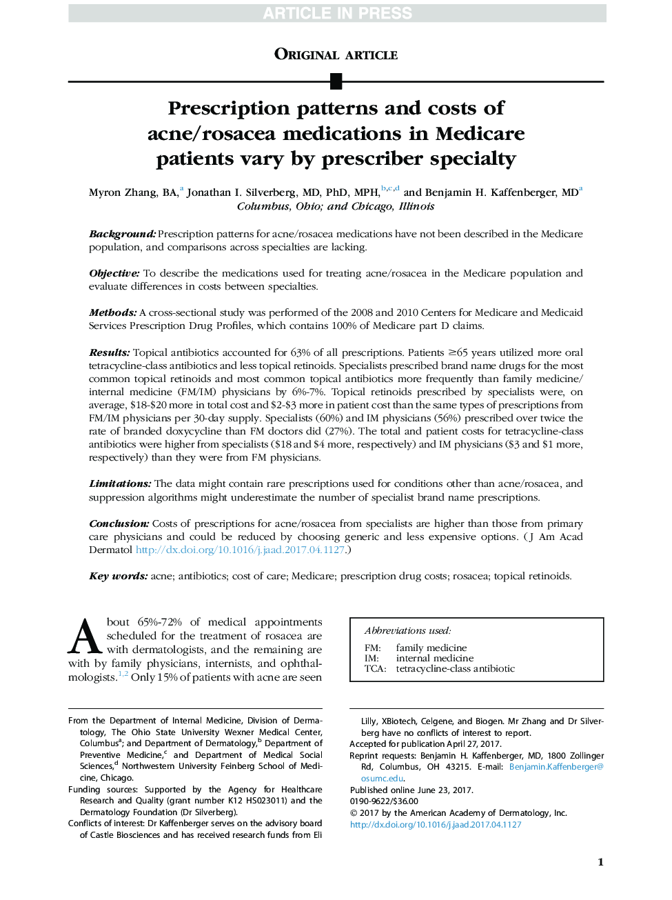 Prescription patterns and costs of acne/rosacea medications in Medicare patients vary by prescriber specialty