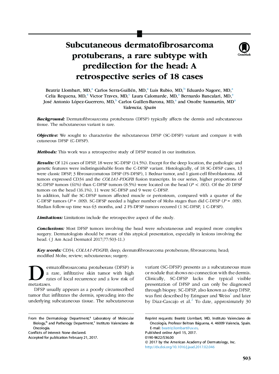 Subcutaneous dermatofibrosarcoma protuberans, a rare subtype with predilection for the head: A retrospective series of 18 cases