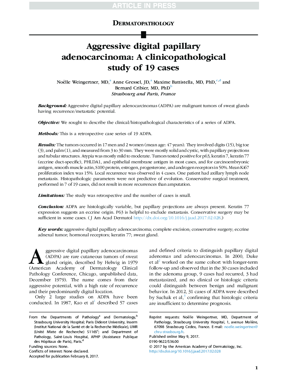 آدنوکارسینومای پاپیلری دیجیتال تهاجمی: یک مطالعه کلینیکوپاتولوژیک 19 مورد است 