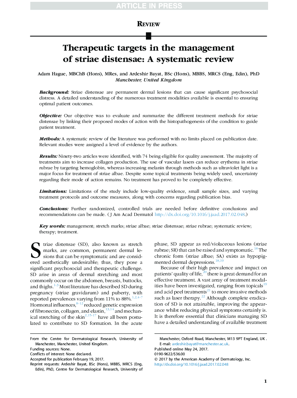 Therapeutic targets in the management of striae distensae: A systematic review