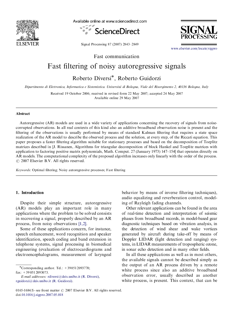 Fast filtering of noisy autoregressive signals