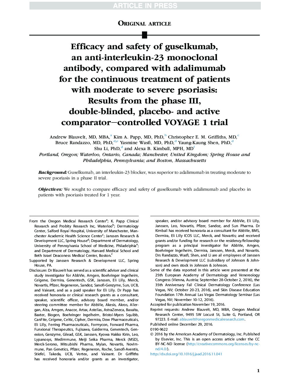 Efficacy and safety of guselkumab, an anti-interleukin-23 monoclonal antibody, compared with adalimumab for the continuous treatment of patients with moderate to severe psoriasis: Results from the phase III, double-blinded, placebo- and active comparator-