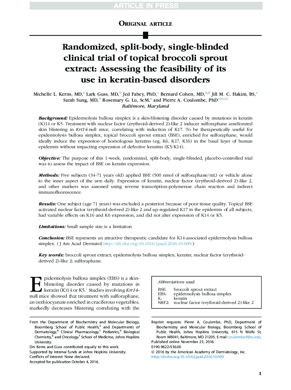 Randomized, split-body, single-blinded clinical trial of topical broccoli sprout extract: Assessing the feasibility of its use in keratin-based disorders