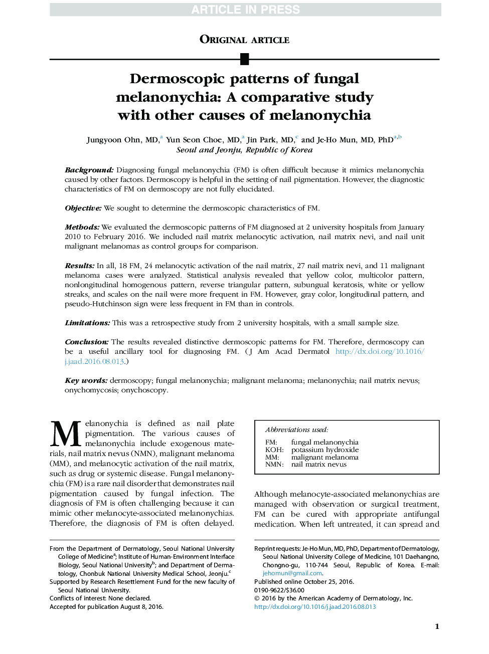 Dermoscopic patterns of fungal melanonychia: A comparative study with other causes of melanonychia