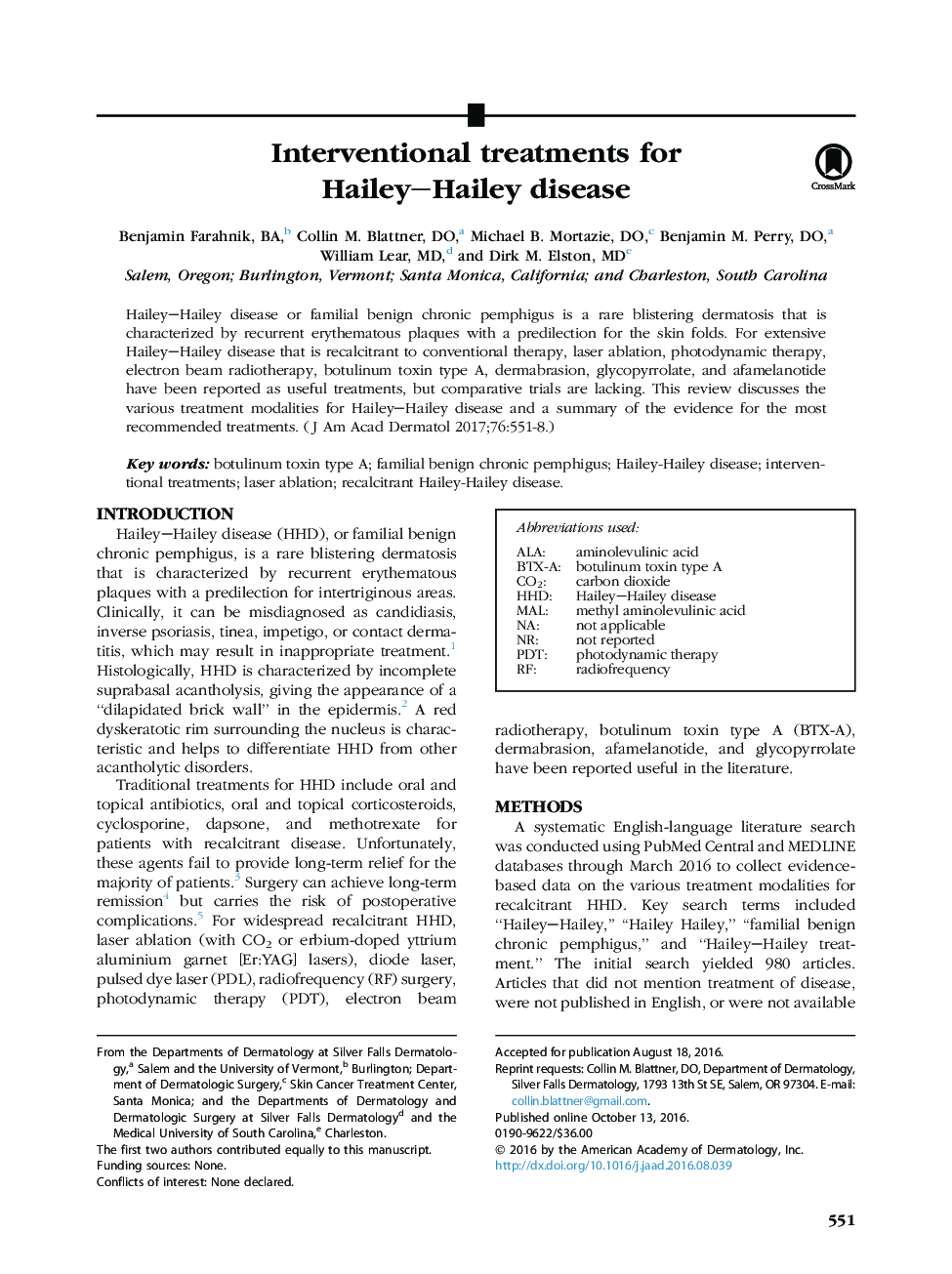 عکس صفحه اول مقاله: Interventional treatments for Hailey-Hailey disease Interventional treatments for Hailey-Hailey disease