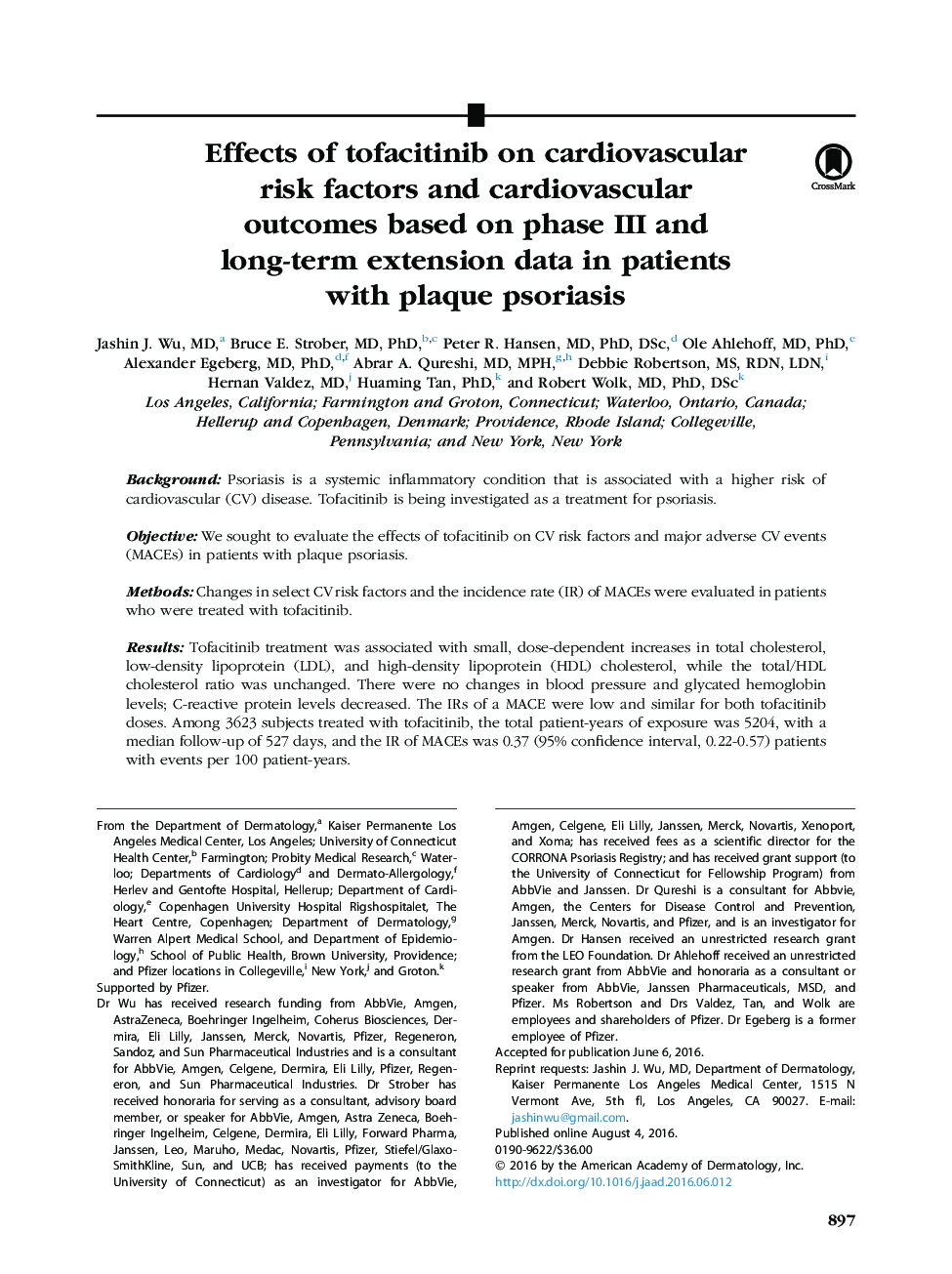 Effects of tofacitinib on cardiovascular risk factors and cardiovascular outcomes based on phase III and long-term extension data in patients with plaque psoriasis