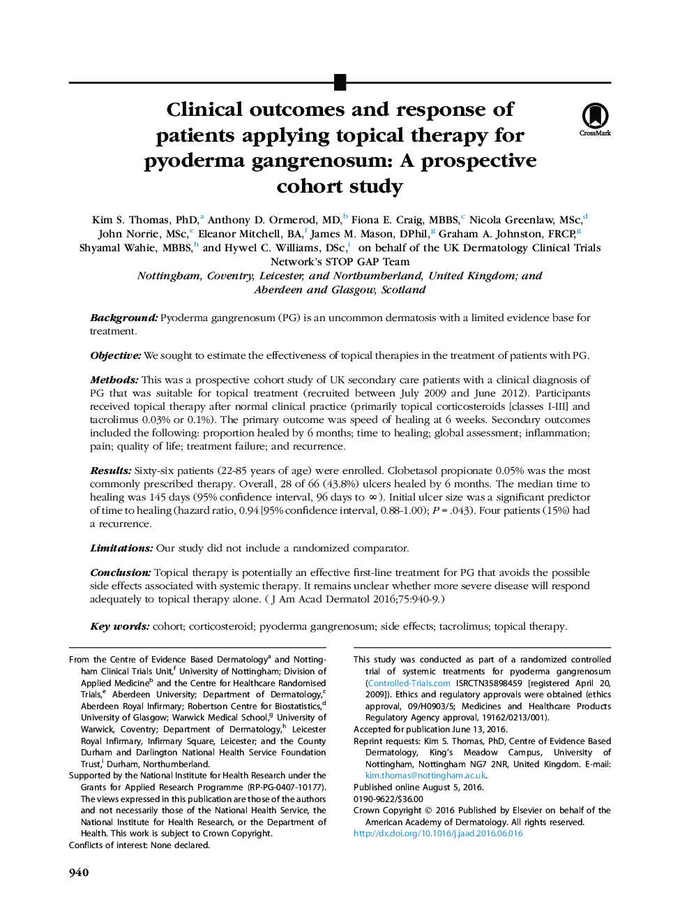 Clinical outcomes and response of patients applying topical therapy for pyoderma gangrenosum: A prospective cohort study