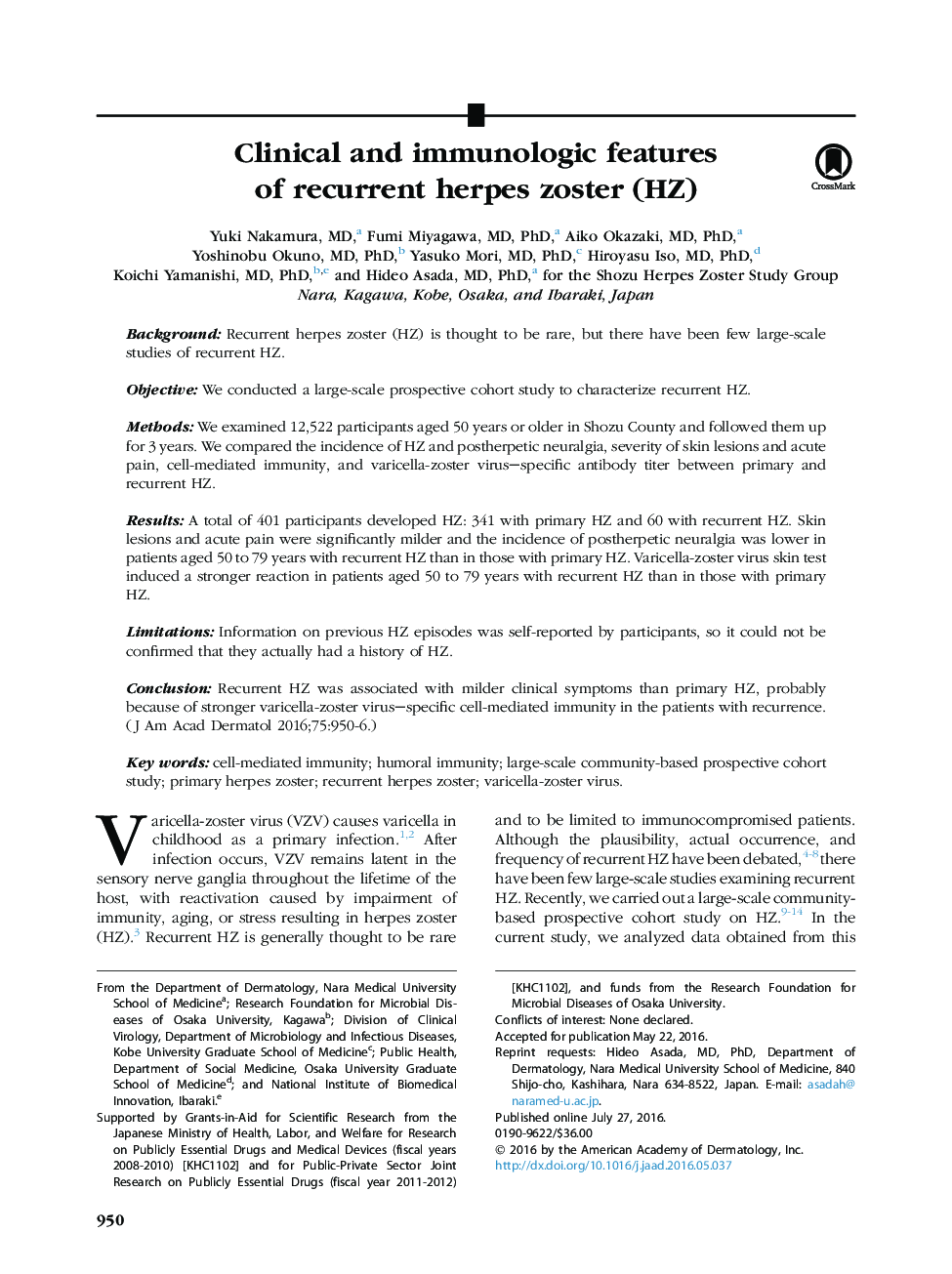 Clinical and immunologic features of recurrent herpes zoster (HZ)