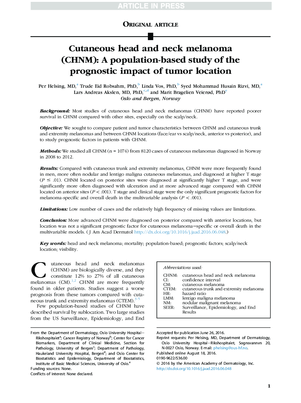 Cutaneous head and neck melanoma (CHNM): A population-based study of the prognostic impact of tumor location