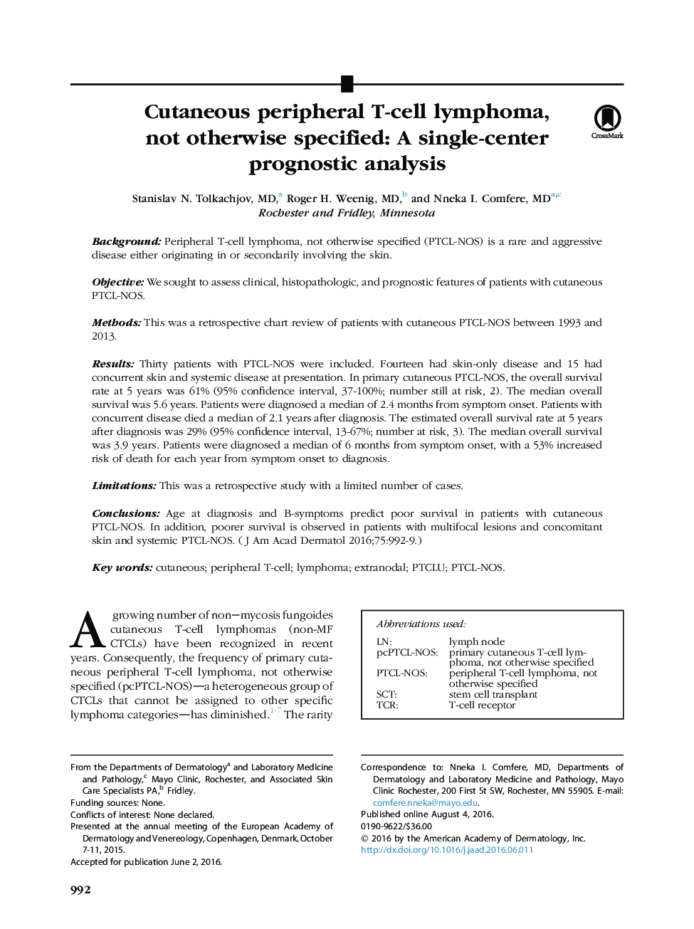 Cutaneous peripheral T-cell lymphoma, not otherwise specified: A single-center prognostic analysis