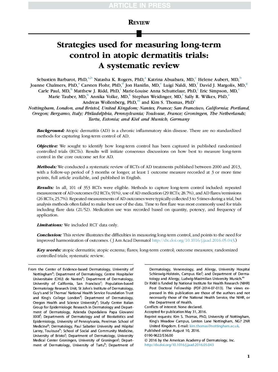 Strategies used for measuring long-term control in atopic dermatitis trials: A systematic review