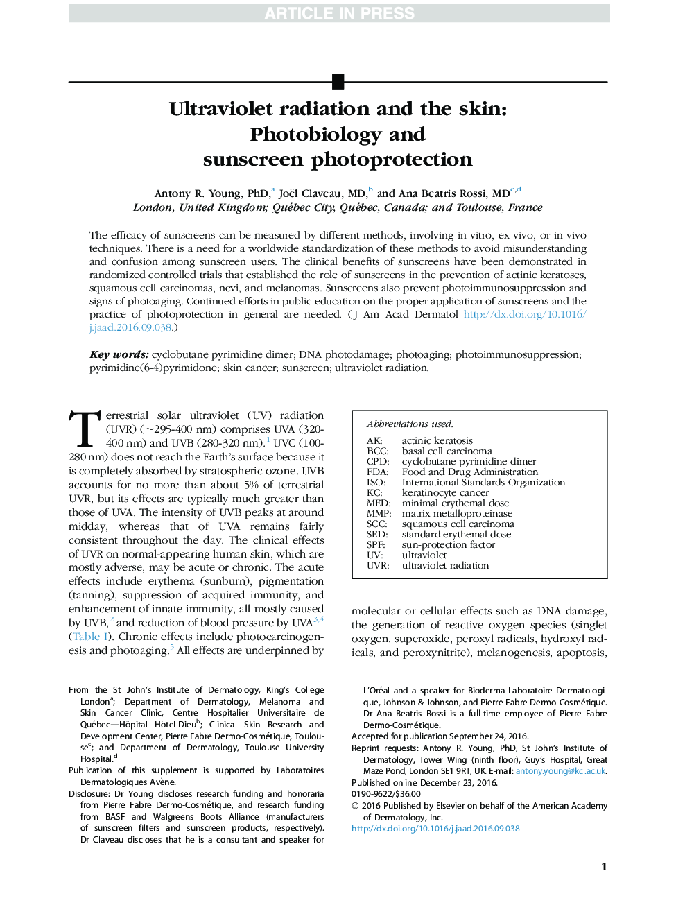 Ultraviolet radiation and the skin: Photobiology and sunscreen photoprotection