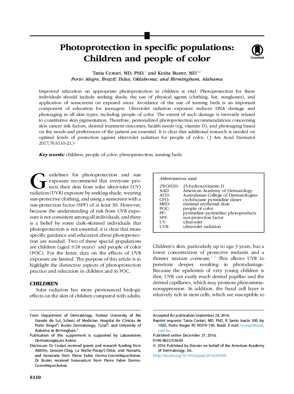 Photoprotection in specific populations: Children and people of color