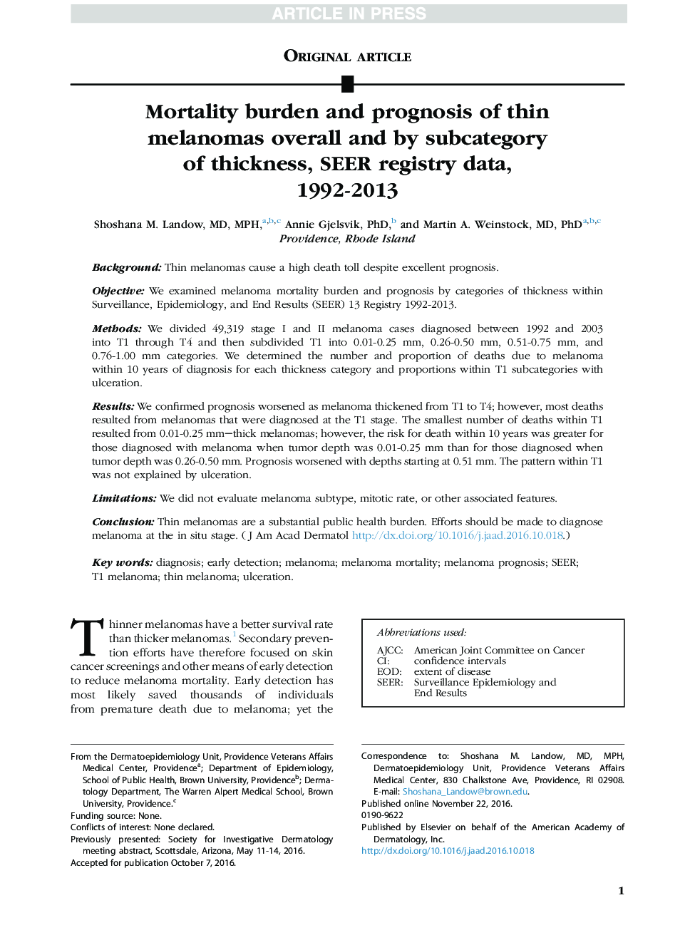 Mortality burden and prognosis of thin melanomas overall and by subcategory of thickness, SEER registry data, 1992-2013