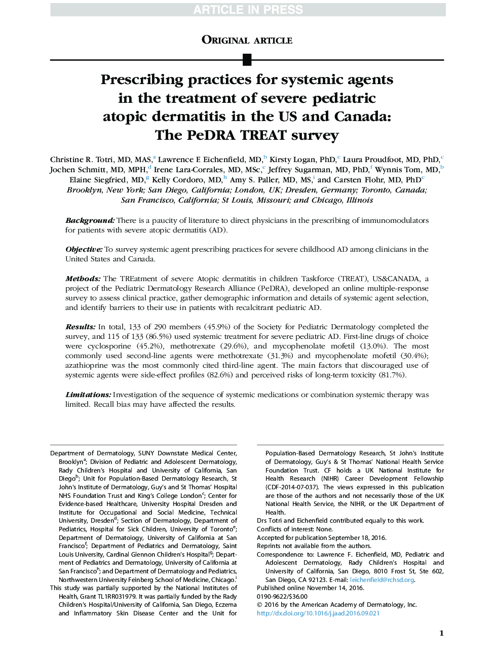 Prescribing practices for systemic agents in the treatment of severe pediatric atopic dermatitis in the US and Canada: The PeDRA TREAT survey