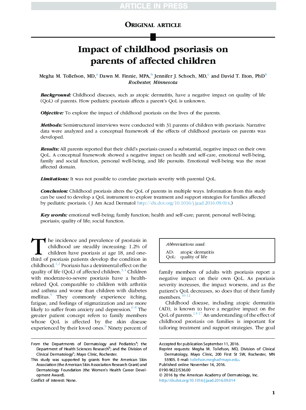 Impact of childhood psoriasis on parents of affected children