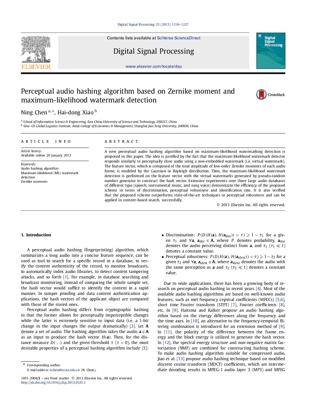Perceptual audio hashing algorithm based on Zernike moment and maximum-likelihood watermark detection