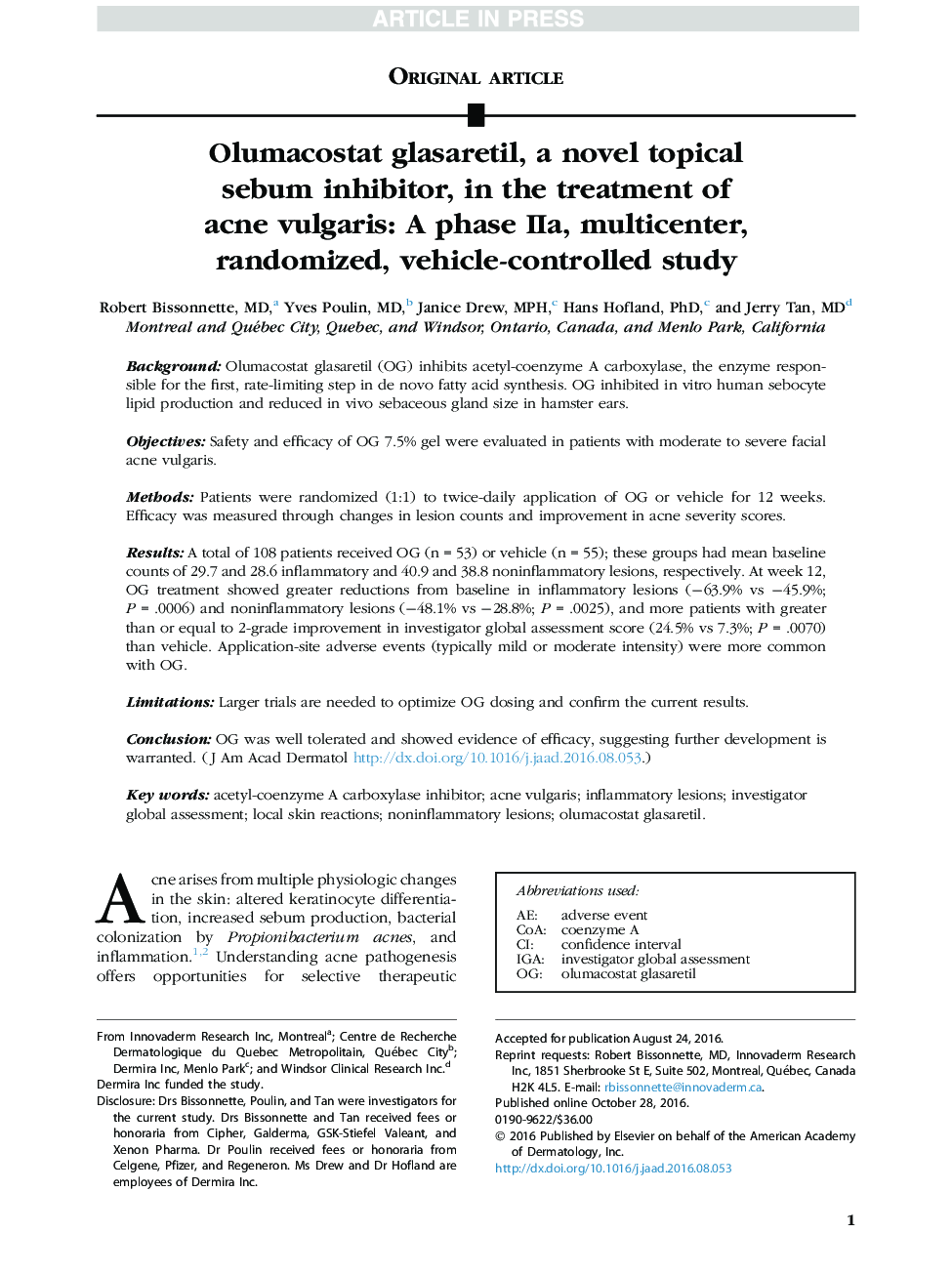 Olumacostat glasaretil, a novel topical sebum inhibitor, in the treatment of acne vulgaris: A phase IIa, multicenter, randomized, vehicle-controlled study