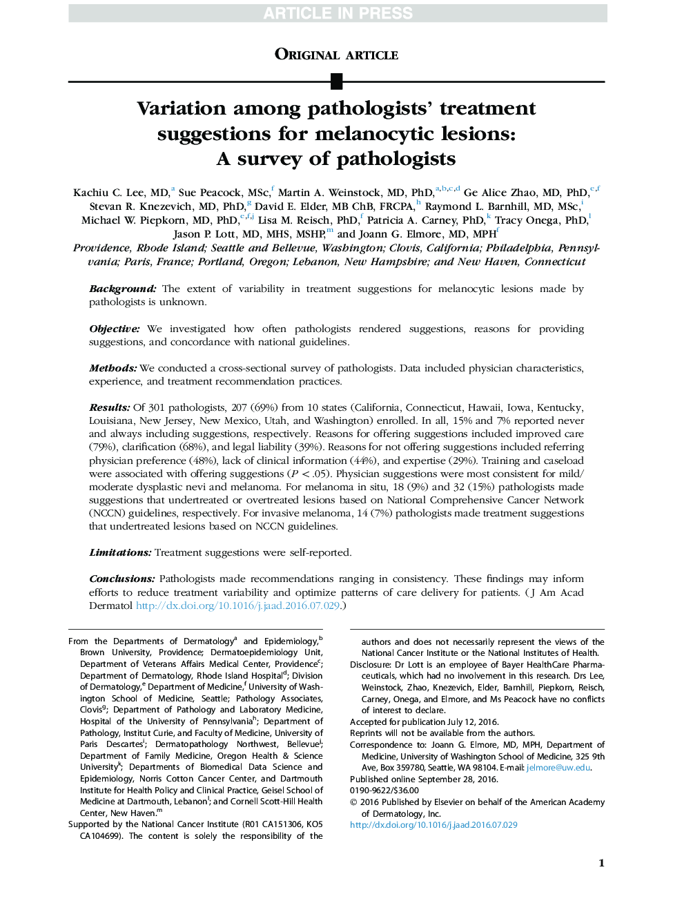 Variation among pathologists' treatment suggestions for melanocytic lesions: A survey of pathologists