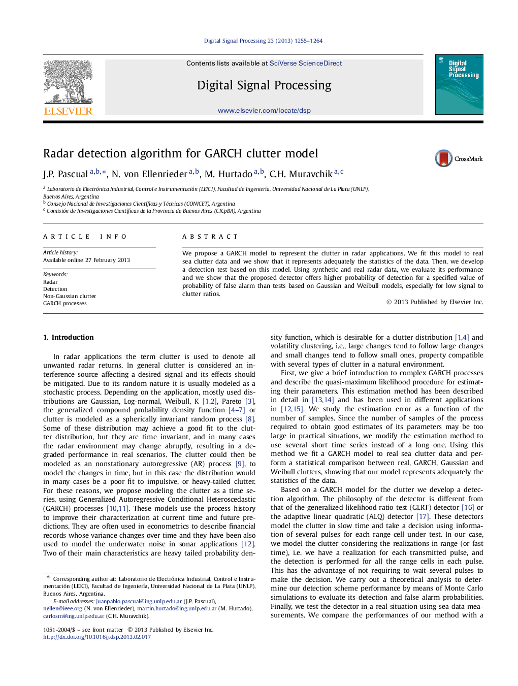 Radar detection algorithm for GARCH clutter model