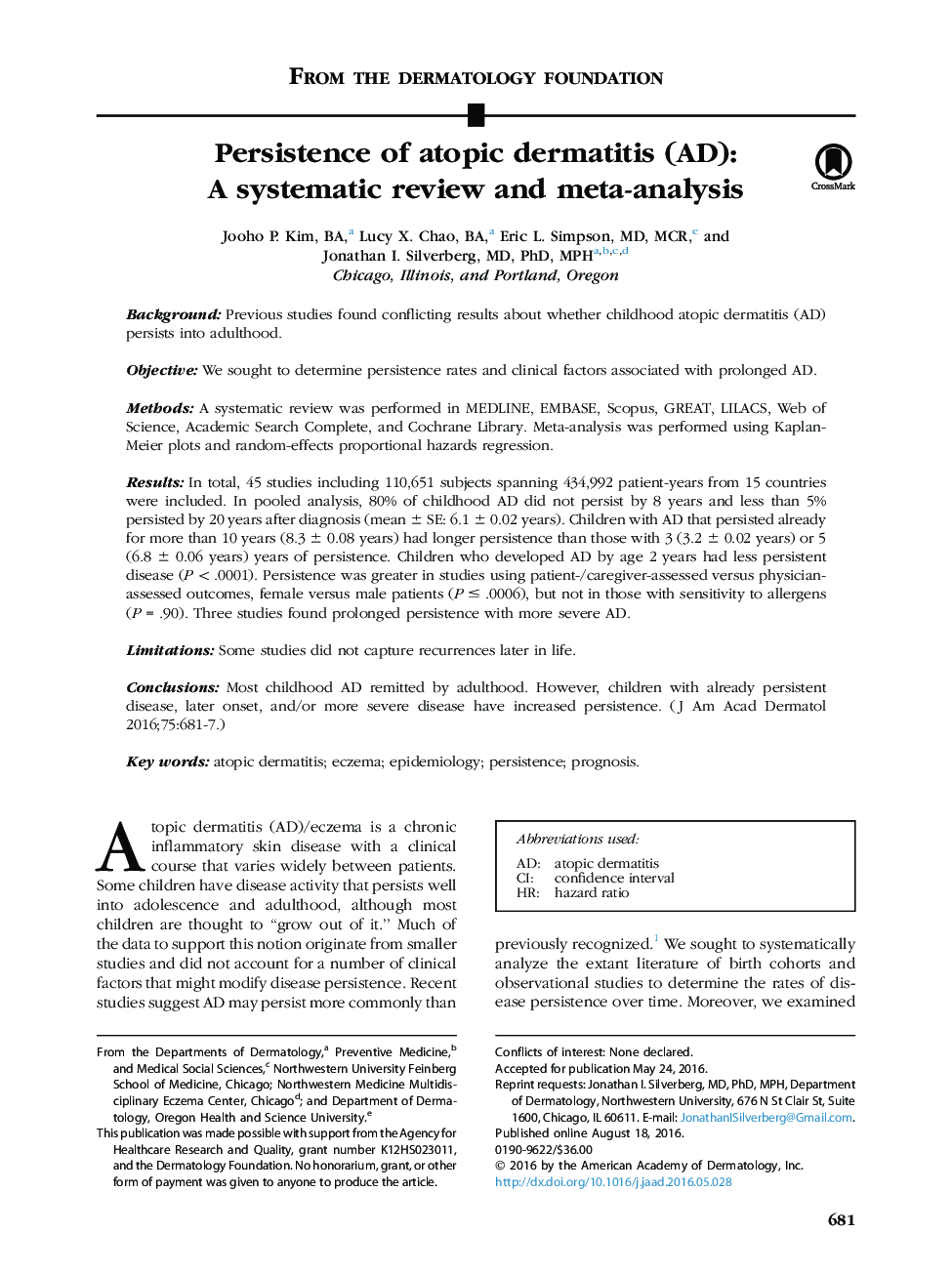 Persistence of atopic dermatitis (AD): A systematic review and meta-analysis