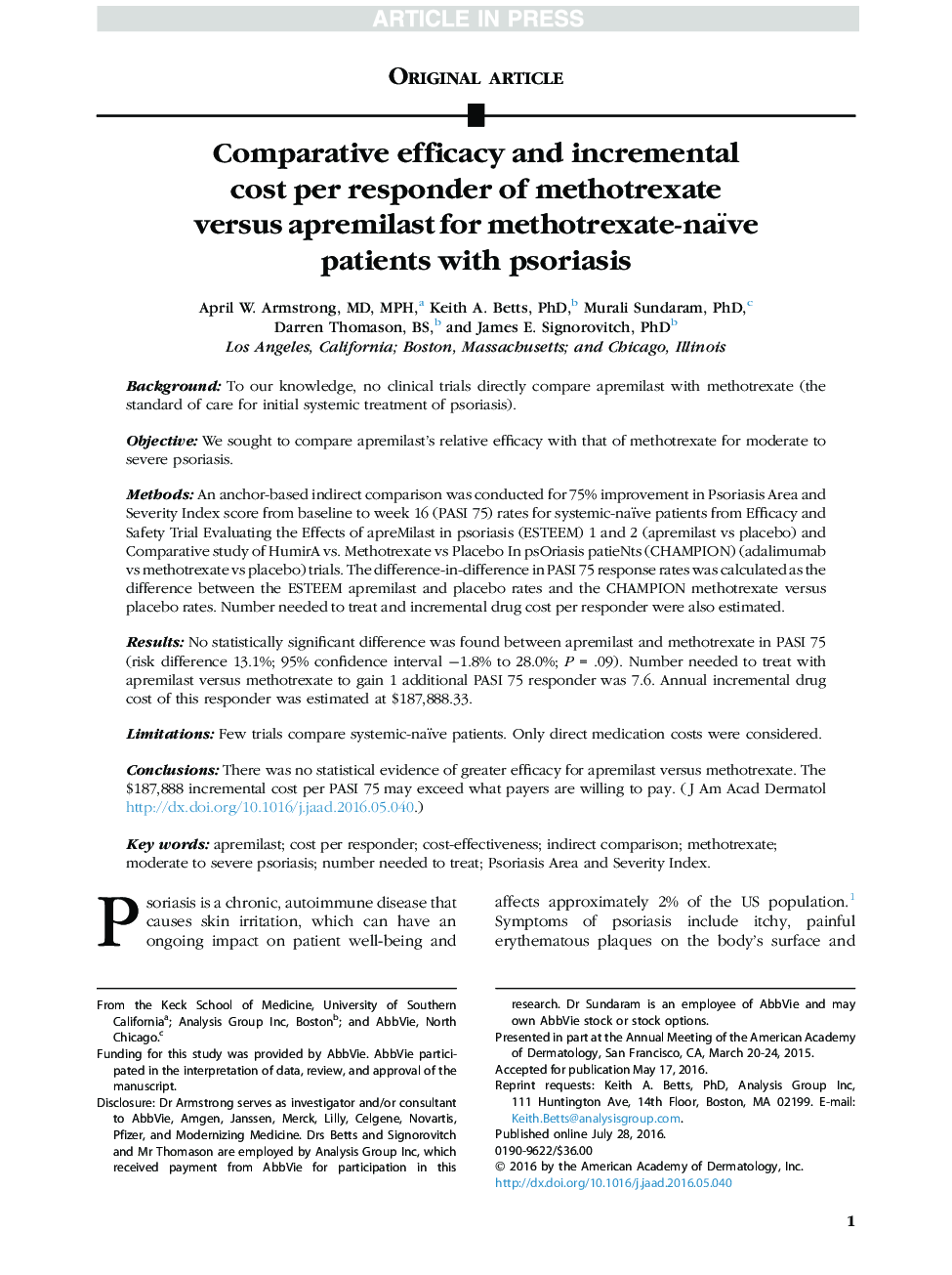 Comparative efficacy and incremental cost per responder of methotrexate versus apremilast for methotrexate-naïve patients with psoriasis