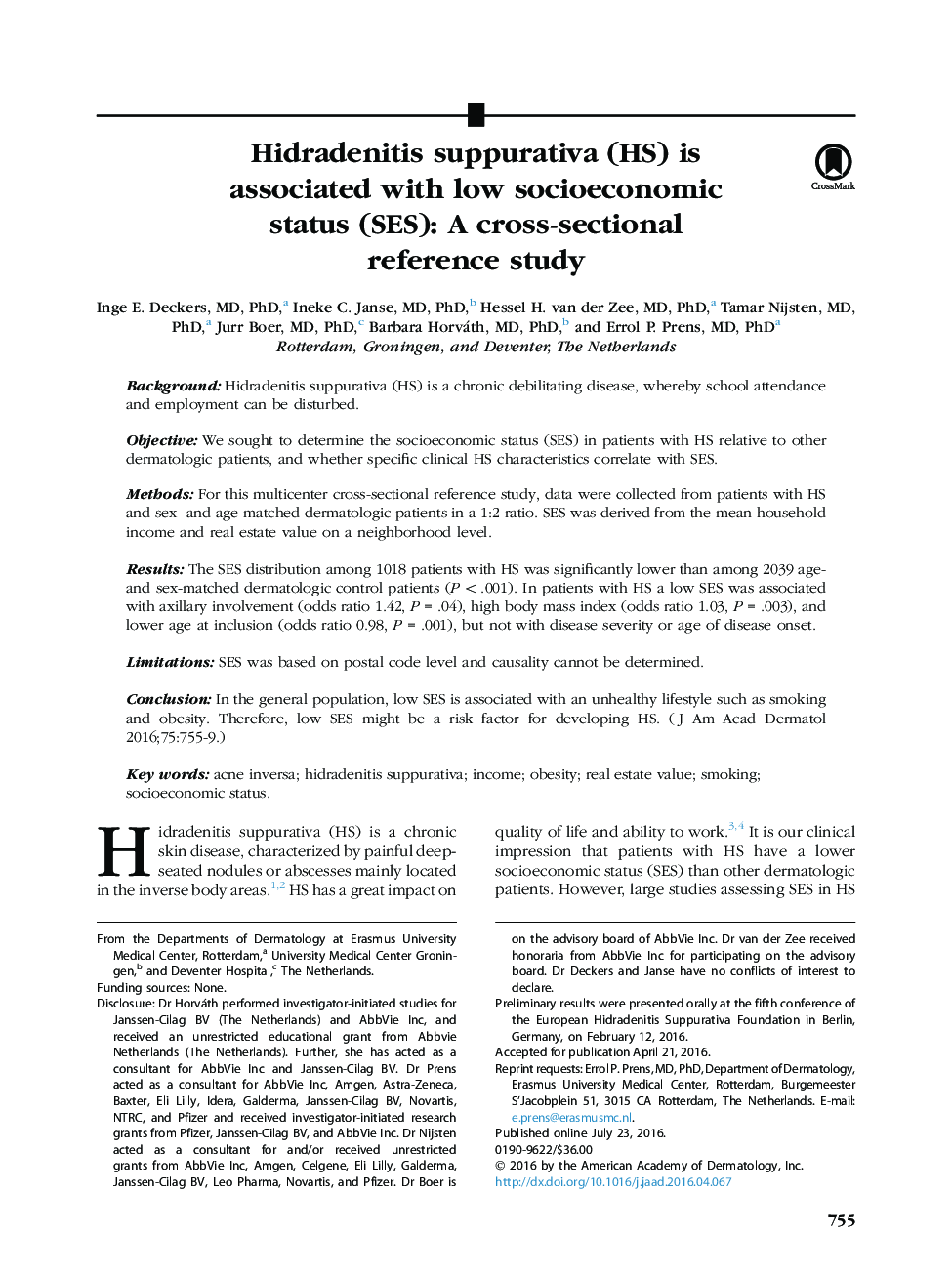 Hidradenitis suppurativa (HS) is associated with low socioeconomic status (SES): A cross-sectional reference study