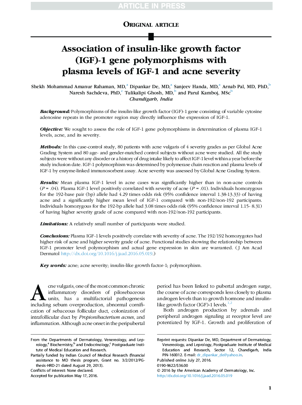 Association of insulin-like growth factor (IGF)-1 gene polymorphisms with plasma levels of IGF-1 and acne severity