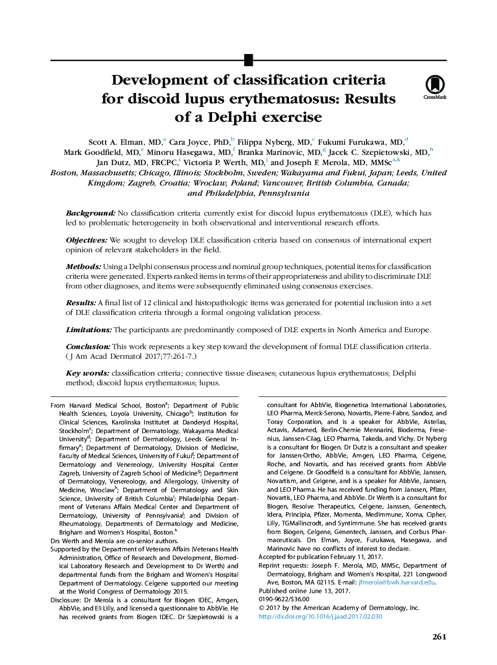 Development of classification criteria for discoid lupus erythematosus: Results of a Delphi exercise