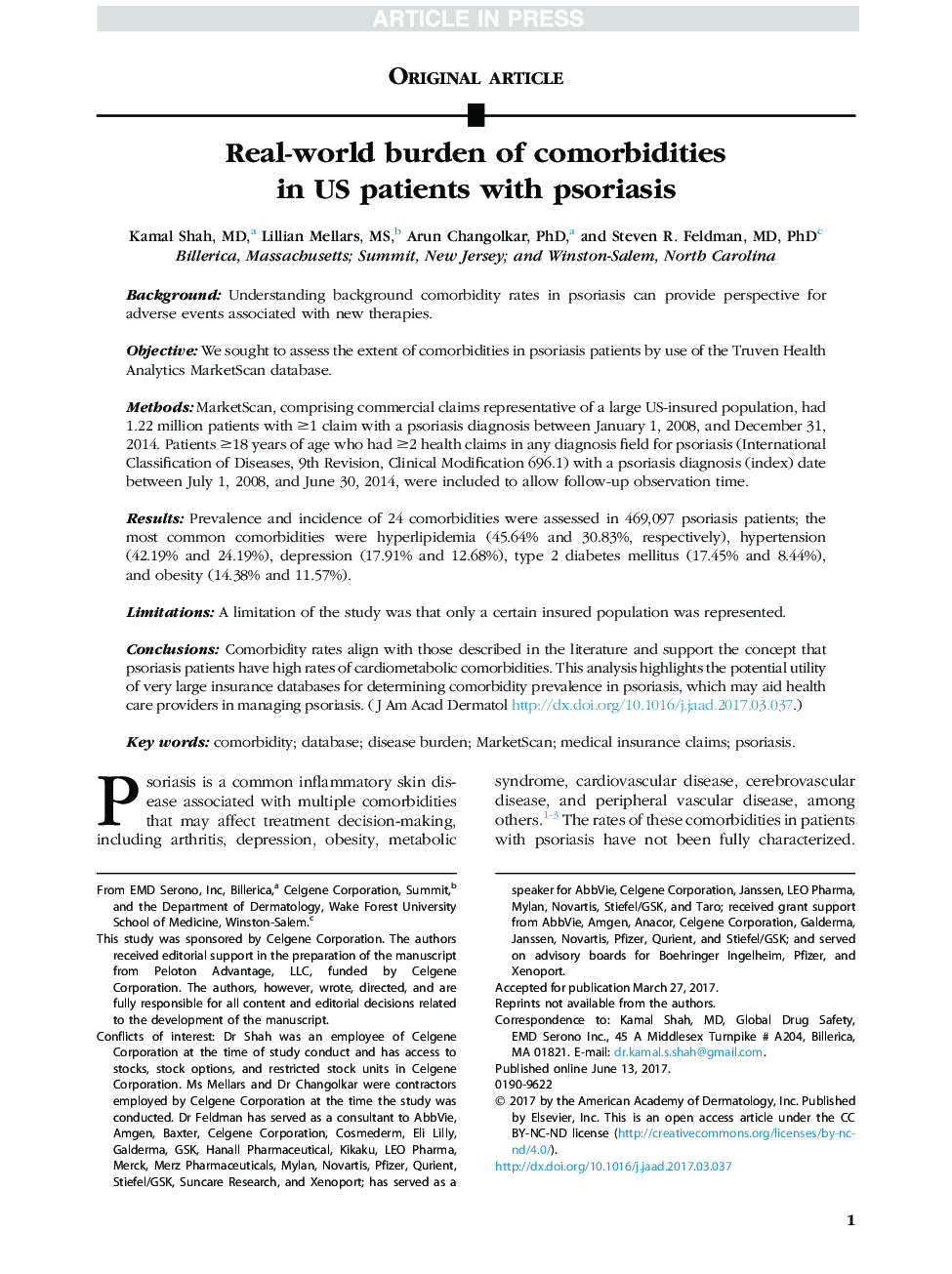 Real-world burden of comorbidities in US patients with psoriasis