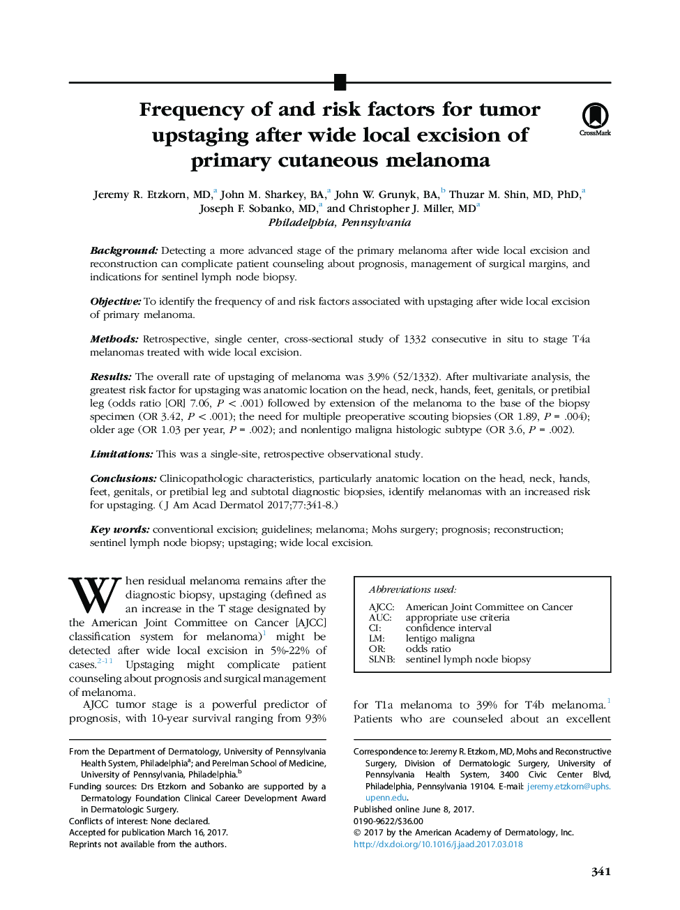 Frequency of and risk factors for tumor upstaging after wide local excision of primary cutaneous melanoma