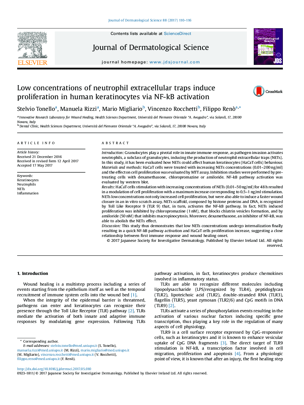 عکس صفحه اول مقاله: Low concentrations of neutrophil extracellular traps induce proliferation in human keratinocytes via NF-kB activation Low concentrations of neutrophil extracellular traps induce proliferation in human keratinocytes via NF-kB activation