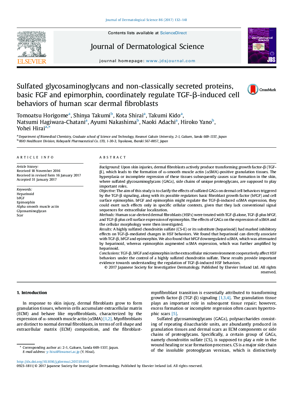 Sulfated glycosaminoglycans and non-classically secreted proteins, basic FGF and epimorphin, coordinately regulate TGF-Î²-induced cell behaviors of human scar dermal fibroblasts