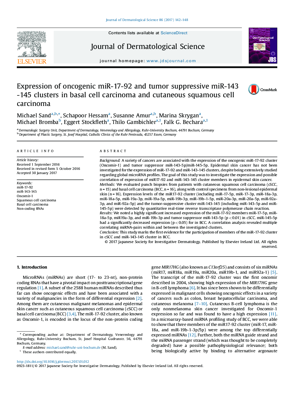 Expression of oncogenic miR-17-92 and tumor suppressive miR-143-145 clusters in basal cell carcinoma and cutaneous squamous cell carcinoma