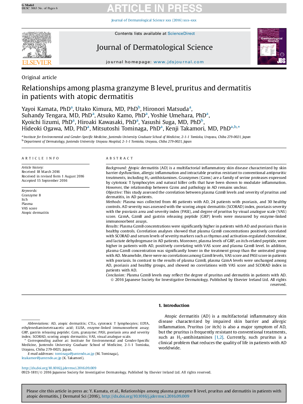 Relationships among plasma granzyme B level, pruritus and dermatitis in patients with atopic dermatitis