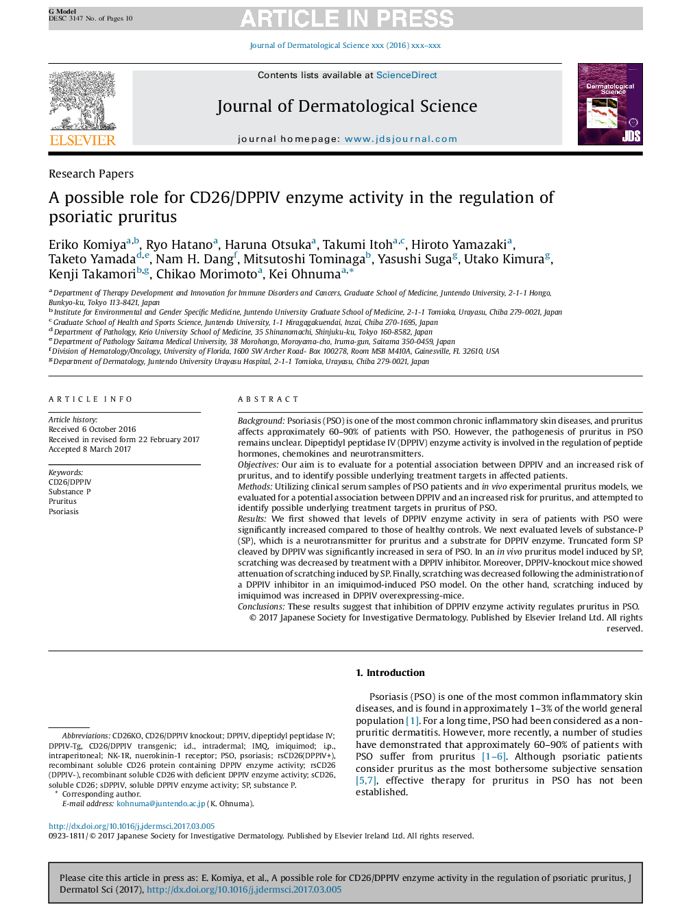 A possible role for CD26/DPPIV enzyme activity in the regulation of psoriatic pruritus