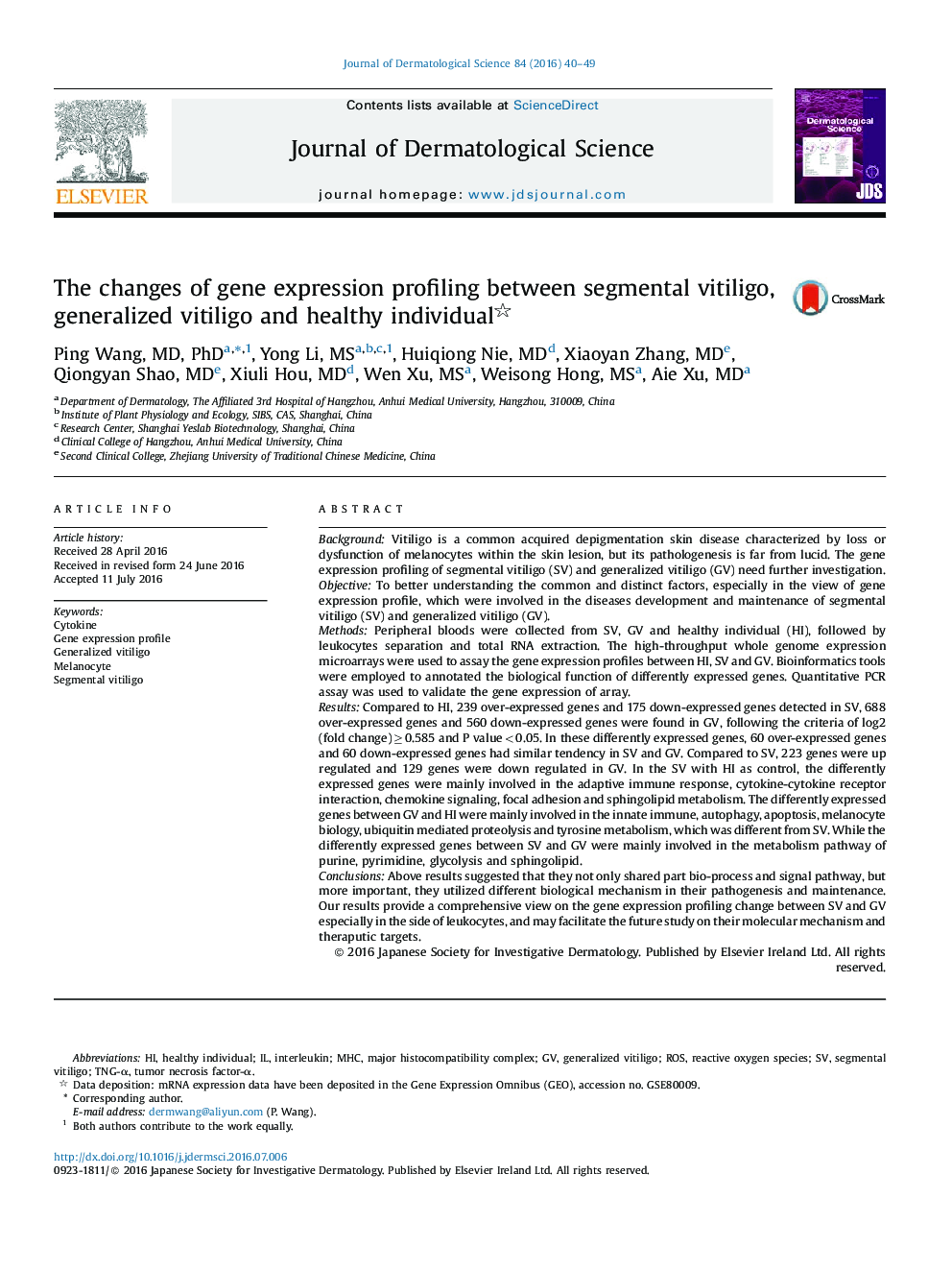 The changes of gene expression profiling between segmental vitiligo, generalized vitiligo and healthy individualâ¿¿