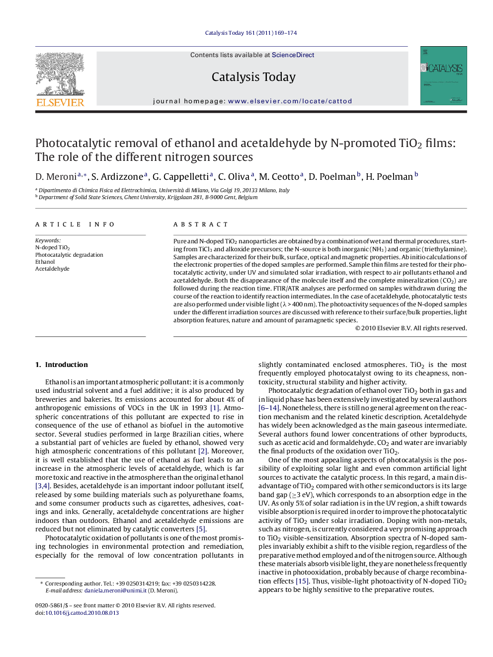 Photocatalytic removal of ethanol and acetaldehyde by N-promoted TiO2 films: The role of the different nitrogen sources