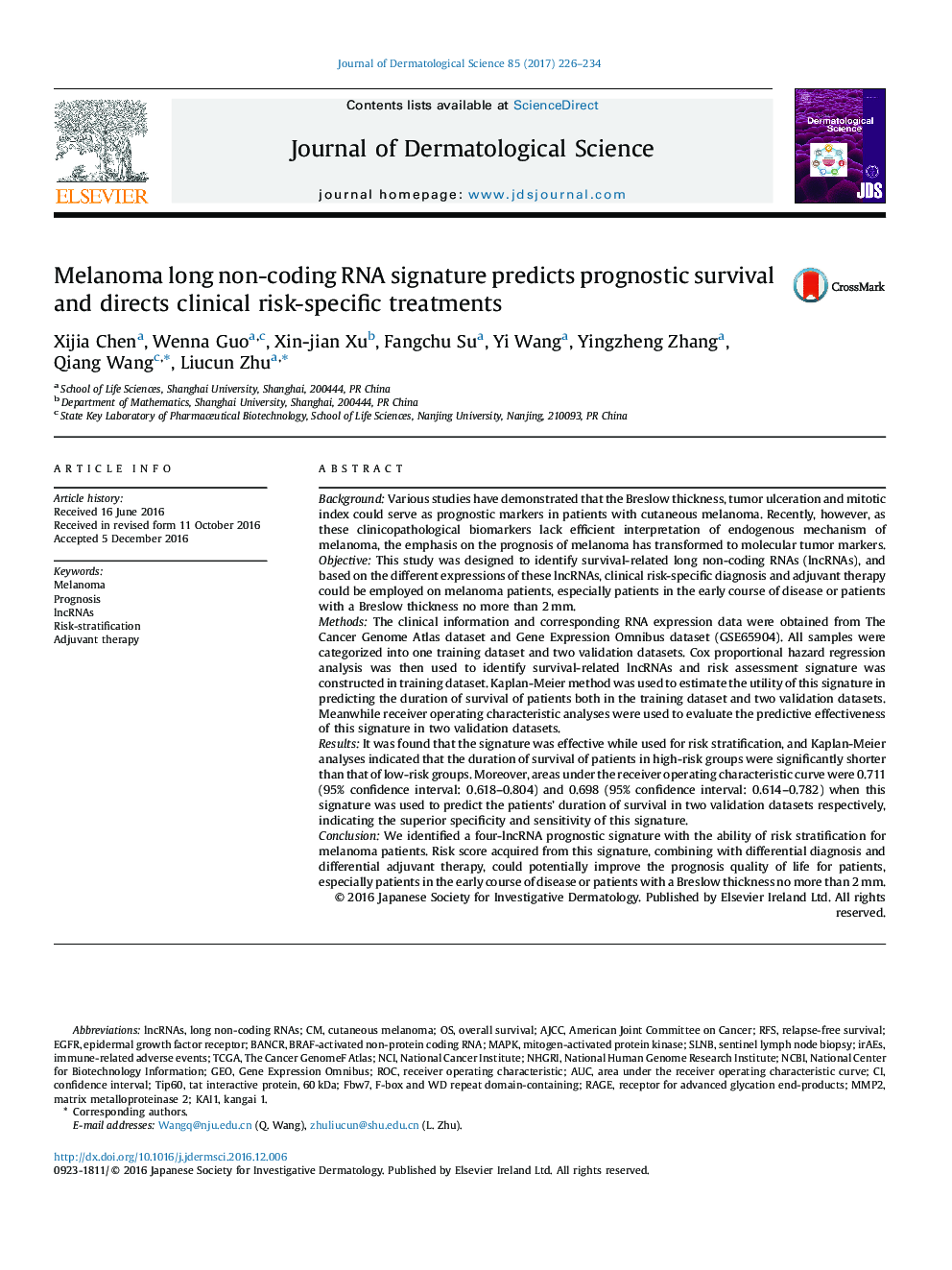 Melanoma long non-coding RNA signature predicts prognostic survival and directs clinical risk-specific treatments