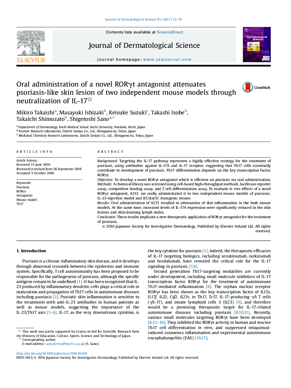 Oral administration of a novel RORÎ³t antagonist attenuates psoriasis-like skin lesion of two independent mouse models through neutralization of IL-17